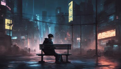 Cyberpunk city night. Guy with black hair sitting on a bench alone