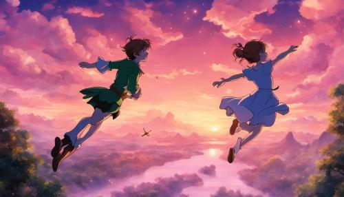 peter pan and wendy, flying in the pink sunset sky above Neverland