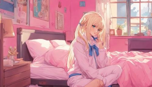 blonde girl, blue eyes, shoulder length straight hair parted in the middle, pouting in pink bedroom