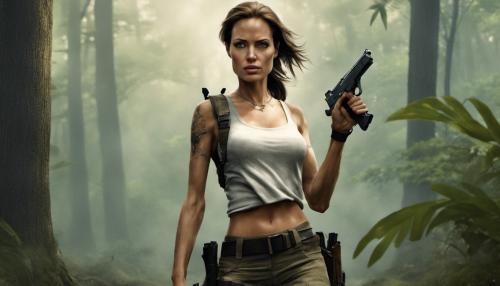 Angelina Jolie as Lara Croft, short hair, with two pistols, mini skirt in the woods