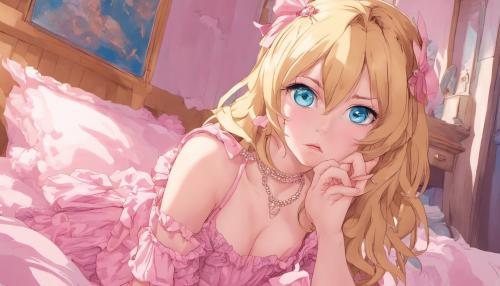 woman, straight golden blonde hair, blue eyes, pouting at camera, wearing baby doll dress, pouting in pink bedroom