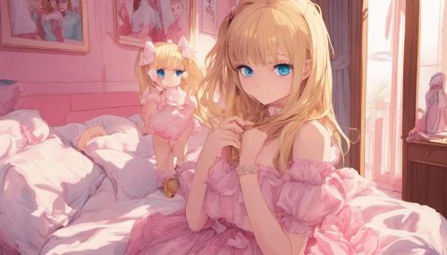 woman, straight golden blonde hair, blue eyes, pouting at camera, wearing baby doll dress, pouting in pink bedroom