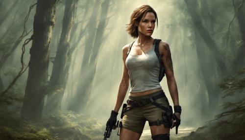 Angelina as Lara Croft, short bob hairstyle, mini skirt with two pistols in the hand in the woods