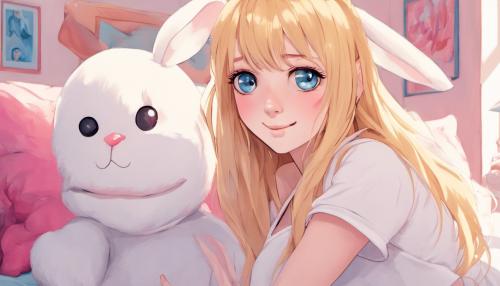 pretty woman with pale skin, long eyelashes, heart shaped face, straight shoulder length golden blonde hair with no bangs, blue eyes, white tee-shirt dress, smiling bashfully at the camera, pink bedroom, bunny stuffed animal