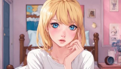 pretty woman with pale skin, long eyelashes, heart shaped face, straight shoulder length golden blonde hair, no bangs, blue eyes, white tee-shirt dress, pouting at the camera, pink bedroom