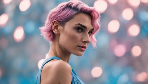 Gal Gadot, pixie haircut, dress light blue, pink hair