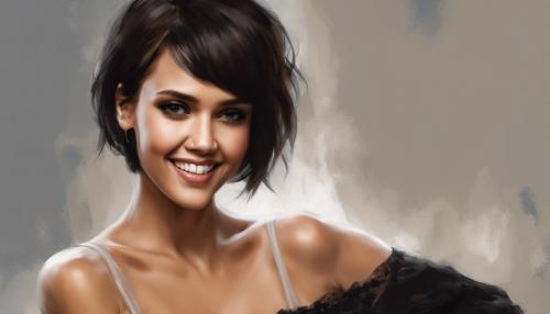 Jessica Alba, short pixie hair, black hair, black lingerie, passionate smile, looking ahead