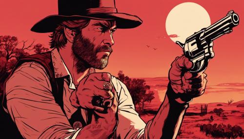 Arthur morgan pointing a revolver in a red sunset