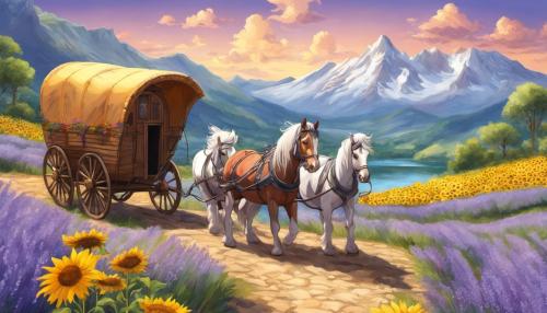 use licence free artwork to create : a traditional Romany Gypsy wagon, being pulled by 2 shire horse's, through a relaxing road surrounded by Lavender and sunflowers, with snowcapped mountains and a waterfall in the background cascading down into a lake.