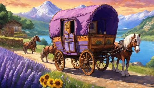 use licence free artwork to create : a traditional Romany Gypsy wagon, being pulled by 2 shire horse's, through a relaxing road surrounded by Lavender and sunflowers, with snowcapped mountains and a waterfall in the background cascading down into a lake.