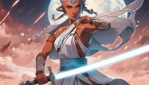 Ashoka from star wars holding two white lightsabers