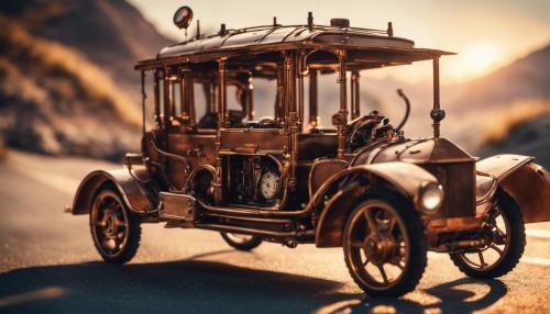 use licence free artwork to create: combine steampunk and electropunk to create a streamlined allterane vehicle that is copper and bamboo wood, that is traveling on the road, driving into the sunset, towards snow peaked mountains.