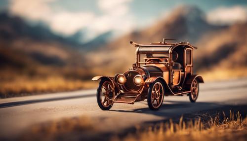 use licence free artwork to create: combine steampunk and electropunk to create a streamlined allterane vehicle that is copper and bamboo wood, that is traveling on the road, driving into the sunset, towards snow peaked mountains.