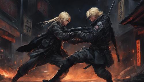 A blonde haired assassin,grabbing a Japanese soldier,shoots him in the liver at night.the assassin is wearing a black tactical raven coat,with black combat pants