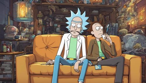 Rick and Morty sitting on the sofa smoking brown cigarette with goku