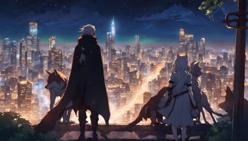 girl elf, wolf girl, and swords girl, and a guy cloaked in shadow looking down at the city lights  