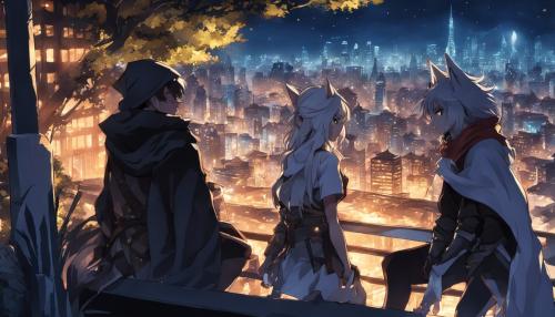 girl elf, wolf girl, and swords girl, and a guy cloaked in shadow looking down at the city lights  