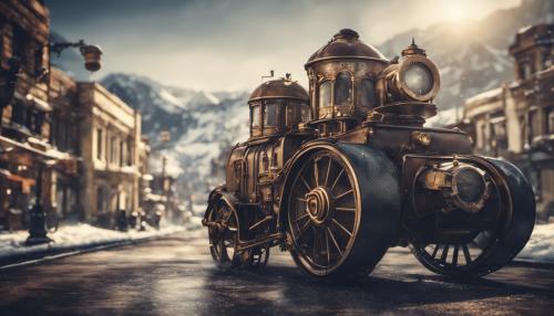 use free artwork licence free, to create a futuristic  friendly steampunk city clean steam fusion powered vehicles traveling peaceful quite roads, with  the background  snowy mountains.