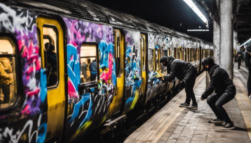 Un grupo de chicos haciendo un graffiti en un tren por la noche en una estación de trenes