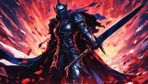 Black knight wearing a cape and one handing a sword