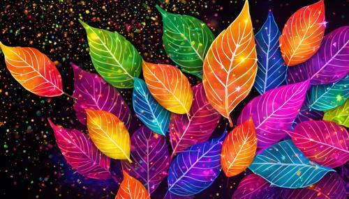 Neon rainbow fall leaves blowing around in a sparkly breeze