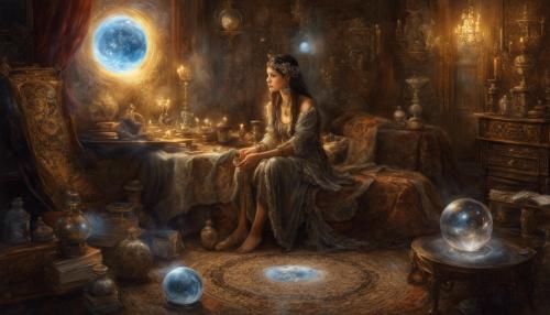 a beautiful gypsey sitting in a room with magical stuff, looking at a crystal ball, scattered tarrot cards, hyper quality, hyper detailed, Luis Royo art