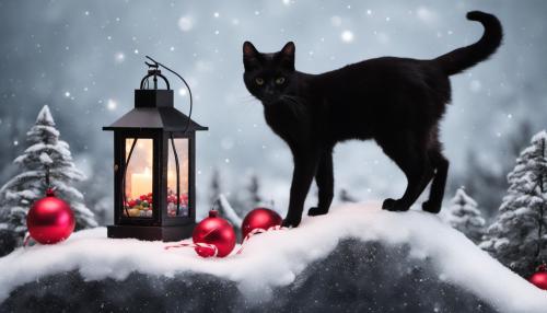 Black cat on ice mountain with candy cane lantern