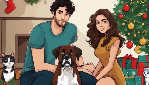 Cartoon drawing of a guy with dark curly hair, and blue eyes. Girl with brown wavy hair an blue eyes. A boxer dog with brown eyes and black cat with green eyes. Sitting infront of Christmas tree.