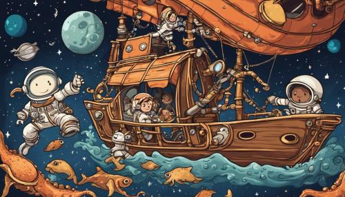 Pirate ship,astronaut and big squid in space with cartoon look.