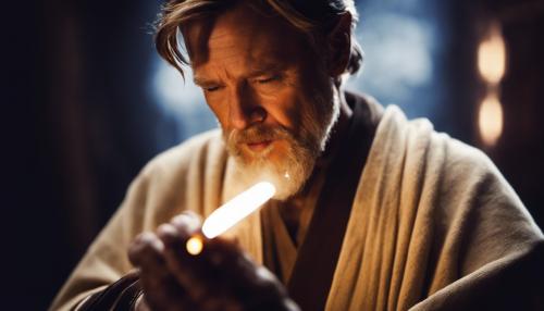 Obi Wan Kenobi lighting a cigar with a lightsaber