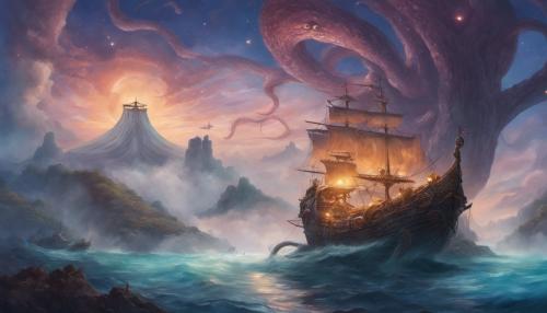 kraken wrapped around a ship near an island with Yggdrasil on it