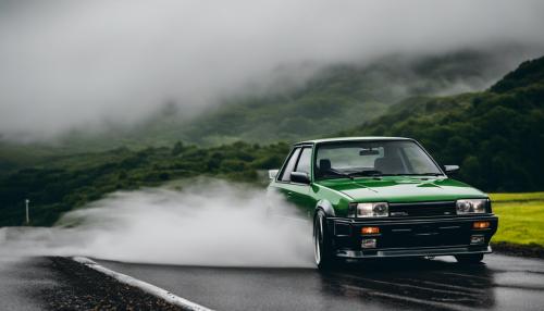 R31 skyline 4 door nissan, drifting green rainy mountain road