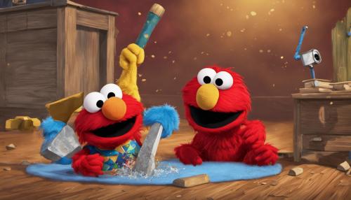 Elmo with a hammer hitting Zoey while rocko watches 