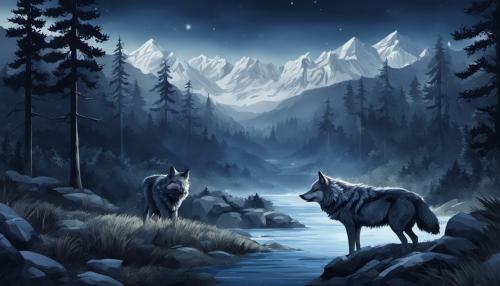 Dark blue forest with mountains in the background, a river flowing in the middle, and wolves roaming in the forest