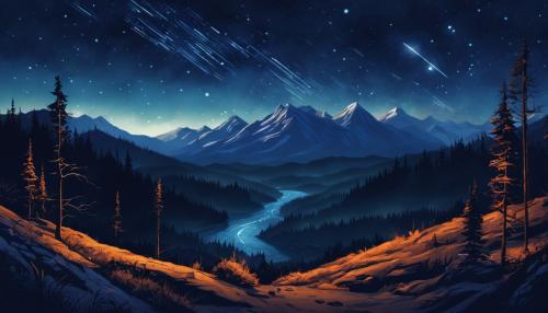 Dark blue forest with mountains in the background, a river flowing in the middle, and a meteor shower streaking through the sky.