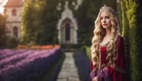 Young noble woman, queen, medieval, long blonde hair, wavy hair, purple eyes, standing in a royal garden, red dress, medieval dress, high detail, realistic,