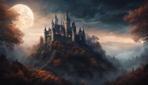 a gothic castle on a hill with a dark forest underneath 