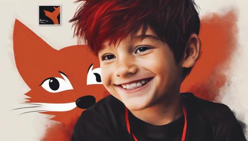 smiling boy with red and black hair wearing a black shirt with a logo on the chest in the shape of a red fox