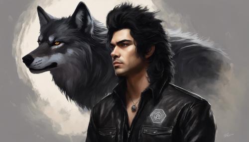 man with big black hair wearing a black leather blouse with wolf hair and a logo on the chest in the shape of a wolf