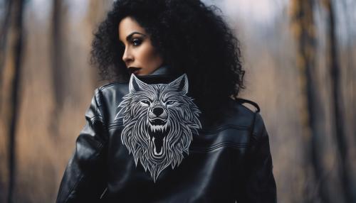 full-bodied woman with big black hair wearing a black leather blouse with wolf hair with a logo on her chest in the shape of a wolf 