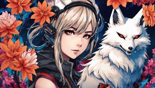 Anime biker girl whit kitsune mask and flowers