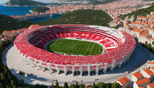 Generate Croatian national stadium surrounded by the landscape of Dubrovnik. Stadium involves Croatian flag waving