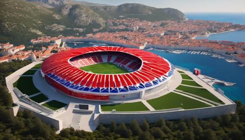 Generate Croatian national stadium, surrounded by the landscape of Dubrovnik. Stadium is inspired by Croatian flag (red, white, blue)