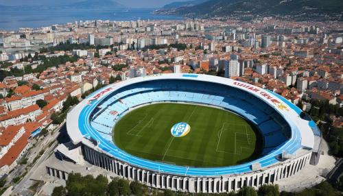 HNK Rijeka stadium surrounded by landscape of Rijeka. Stadium contains the badge of HNK Rijeka