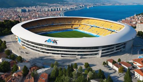 HNK Rijeka stadium. One side is cliff rising above and another side is landscape of Rijeka