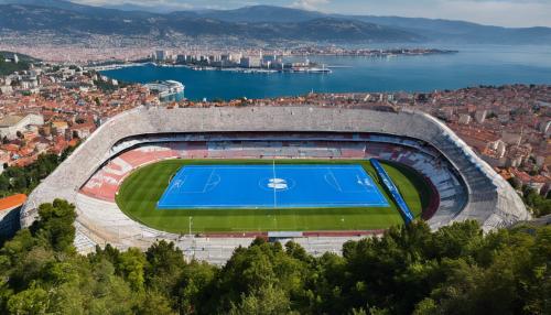 HNK Rijeka stadium on the edge of a cliff and in background is landscape of Rijeka