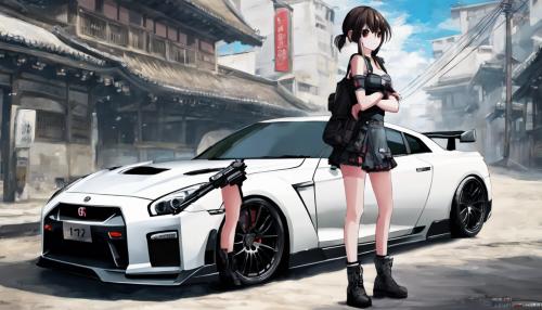 bbw anime girl with gun next to gtr