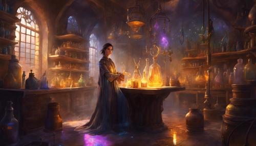 An female alchemist in his lab, full body