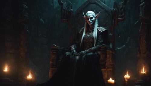 A necromancer elf, sitting in a dark throne with skulls,looking at the camara, scary smile dynamic light.