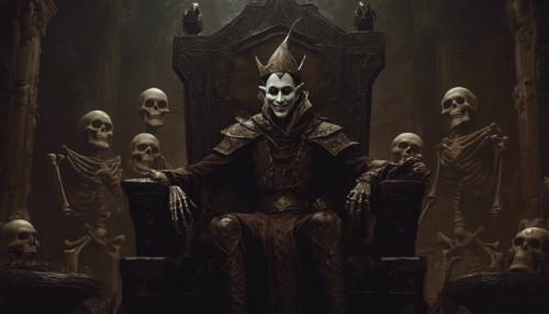 A necromancer brown elf, sitting in a dark throne, looking at the camara, scary smile, skeletons behind.